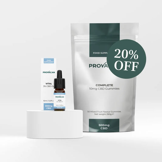 Provacan Vital CBD Starter Kit including Vital 3% 300mg CBD Oil and Complete 10mg CBD Gummies with a dark green 20% off roundel on a light grey background