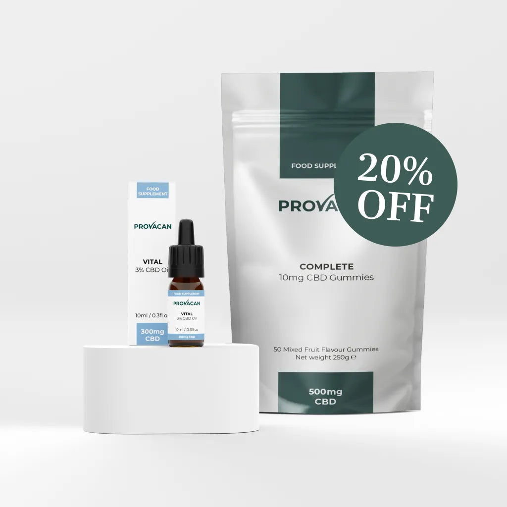 Provacan Vital CBD Starter Kit including Vital 3% 300mg CBD Oil and Complete 10mg CBD Gummies with a dark green 20% off roundel on a light grey background