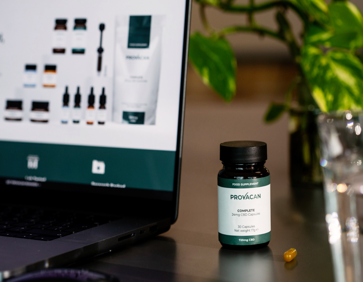 Picture of Provacan Complete CBD Capsules | 24mg CBD per capsule, 30 Pack on a desk next to the Provacan website on a laptop