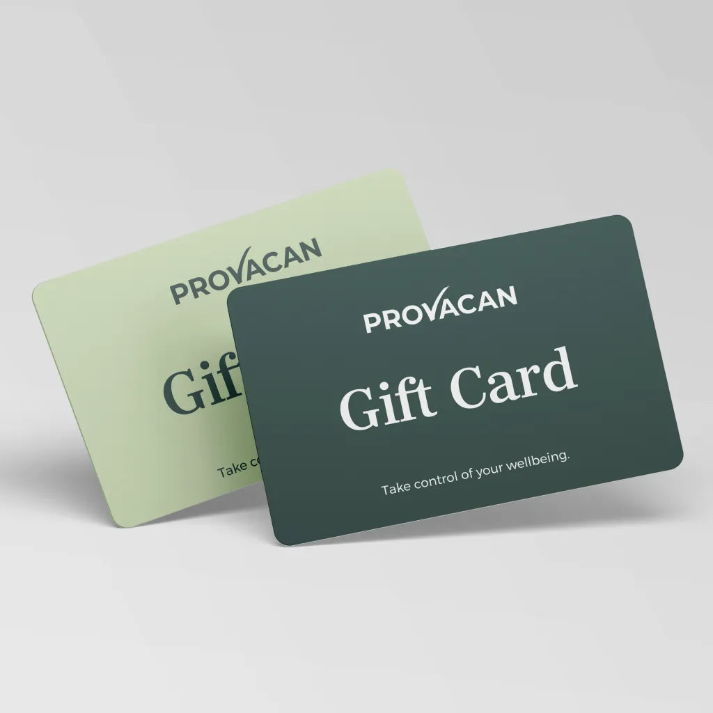 Two light and dark green Provacan Gift Cards on a grey background