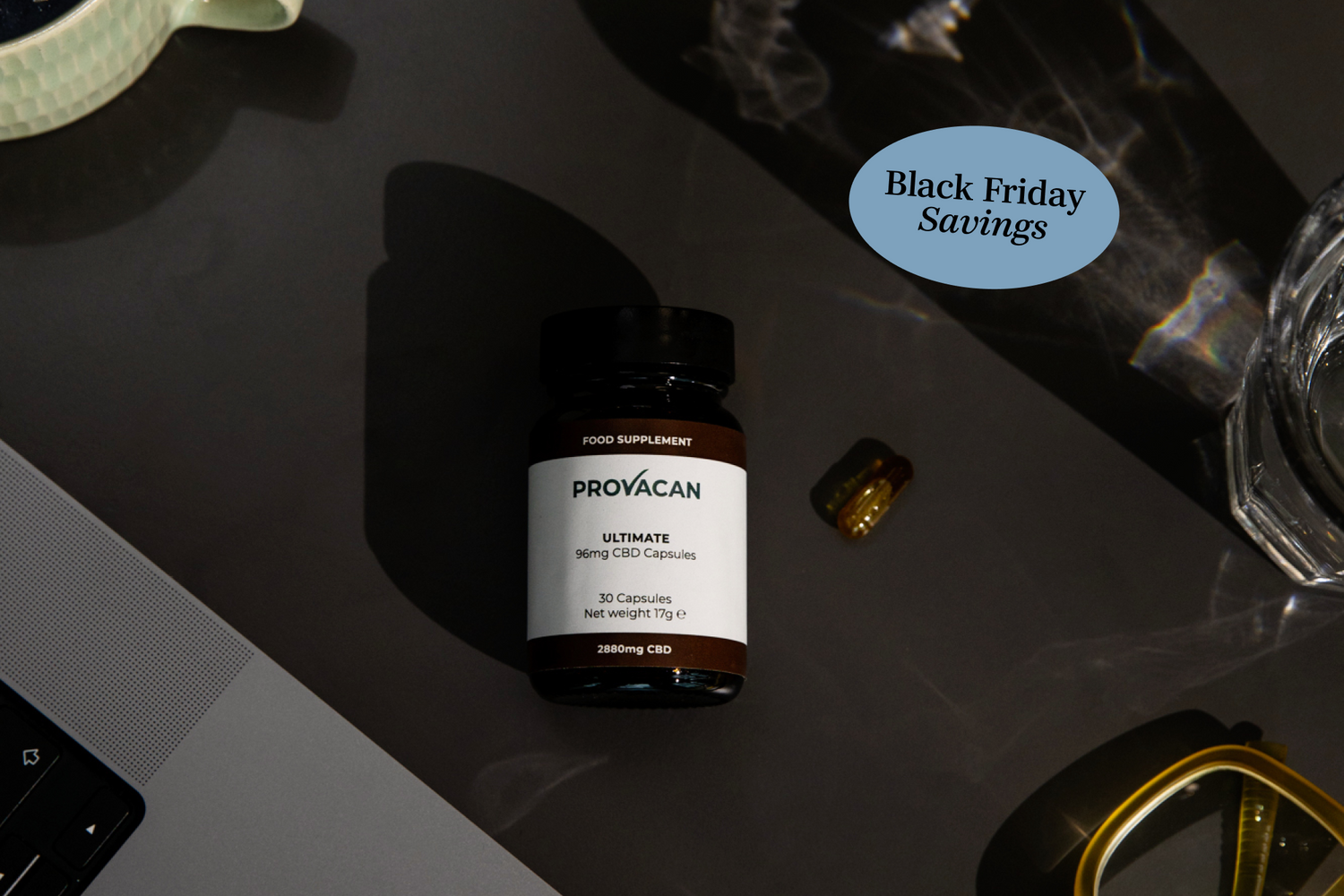 Provacan Ultimate 96mg CBD Capsules on a desk with Black Friday Savings written in a blue roundel