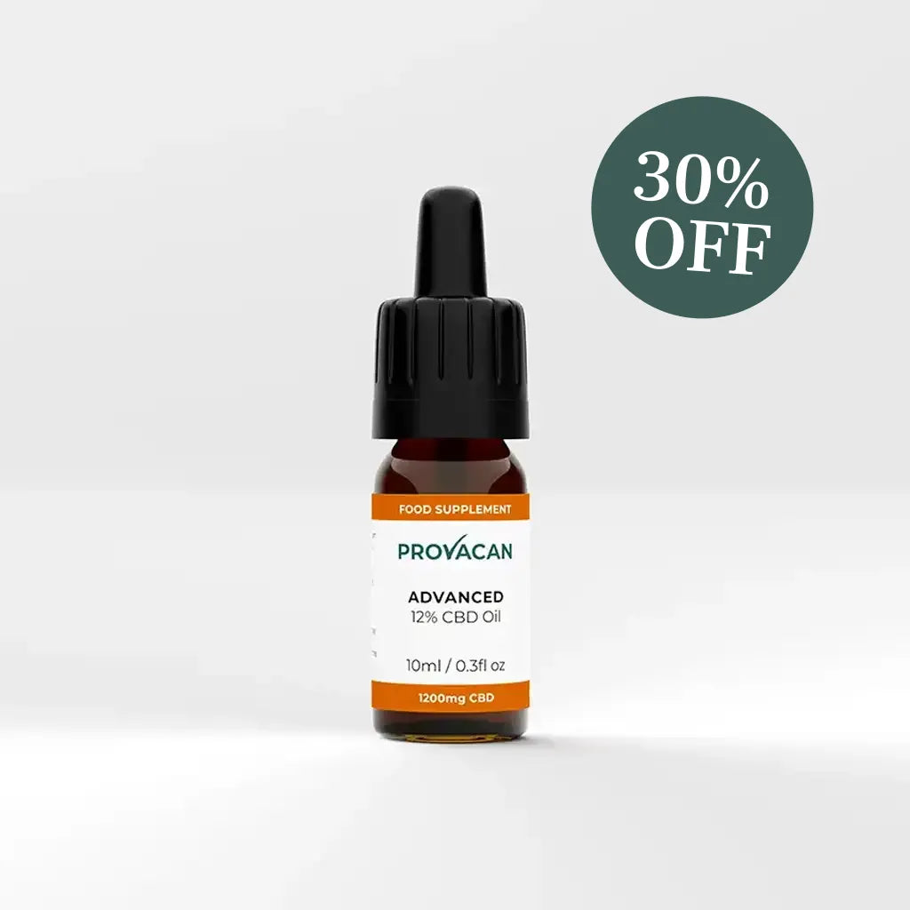 Bottle of Provacan Advanced 12% CBD Oil with a 30% OFF dark green roundel