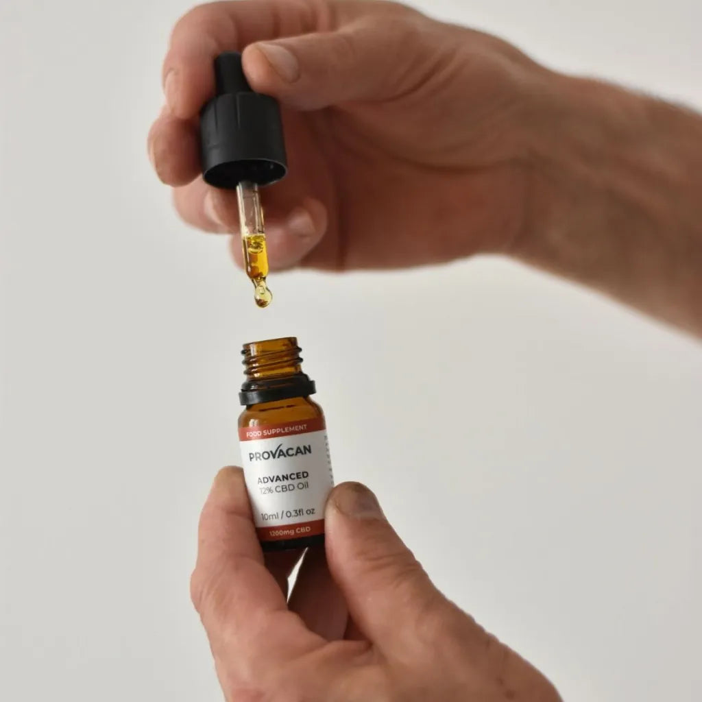 Person holding an open bottle of Provacan Advanced 12% CBD Oil