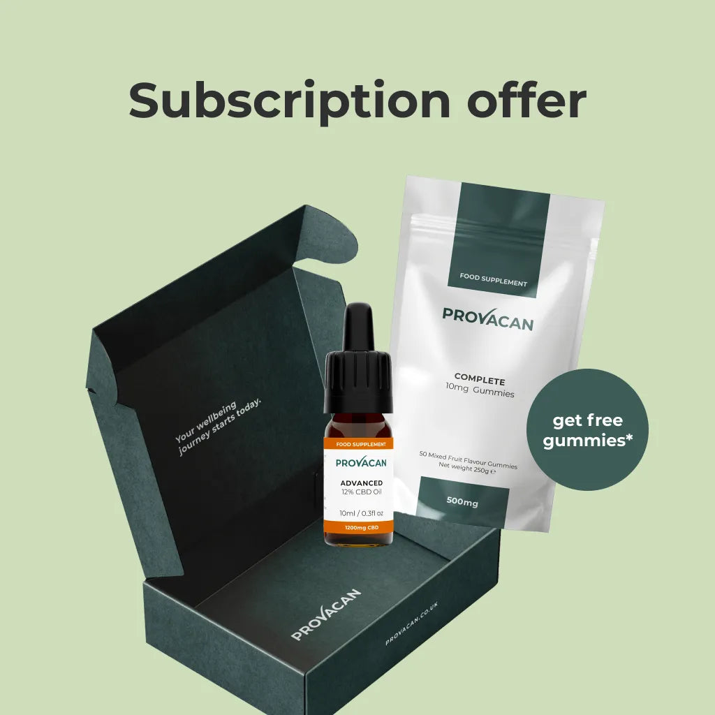 An image illustrating the Provacan subscription offer:
Provacan Delivery Box with Provacan Advanced 12% CBD Oil and Provacan Complete CBD Gummies coming out of it. Roundel that reads "get free gummies*".