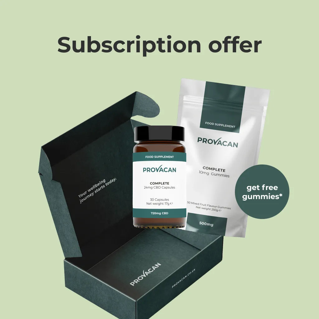 An image illustrating the Provacan subscription offer:
Provacan Delivery Box with Provacan Complete 24mg CBD Capsules and Provacan Complete CBD Gummies coming out of it. Roundel that reads "get free gummies*".