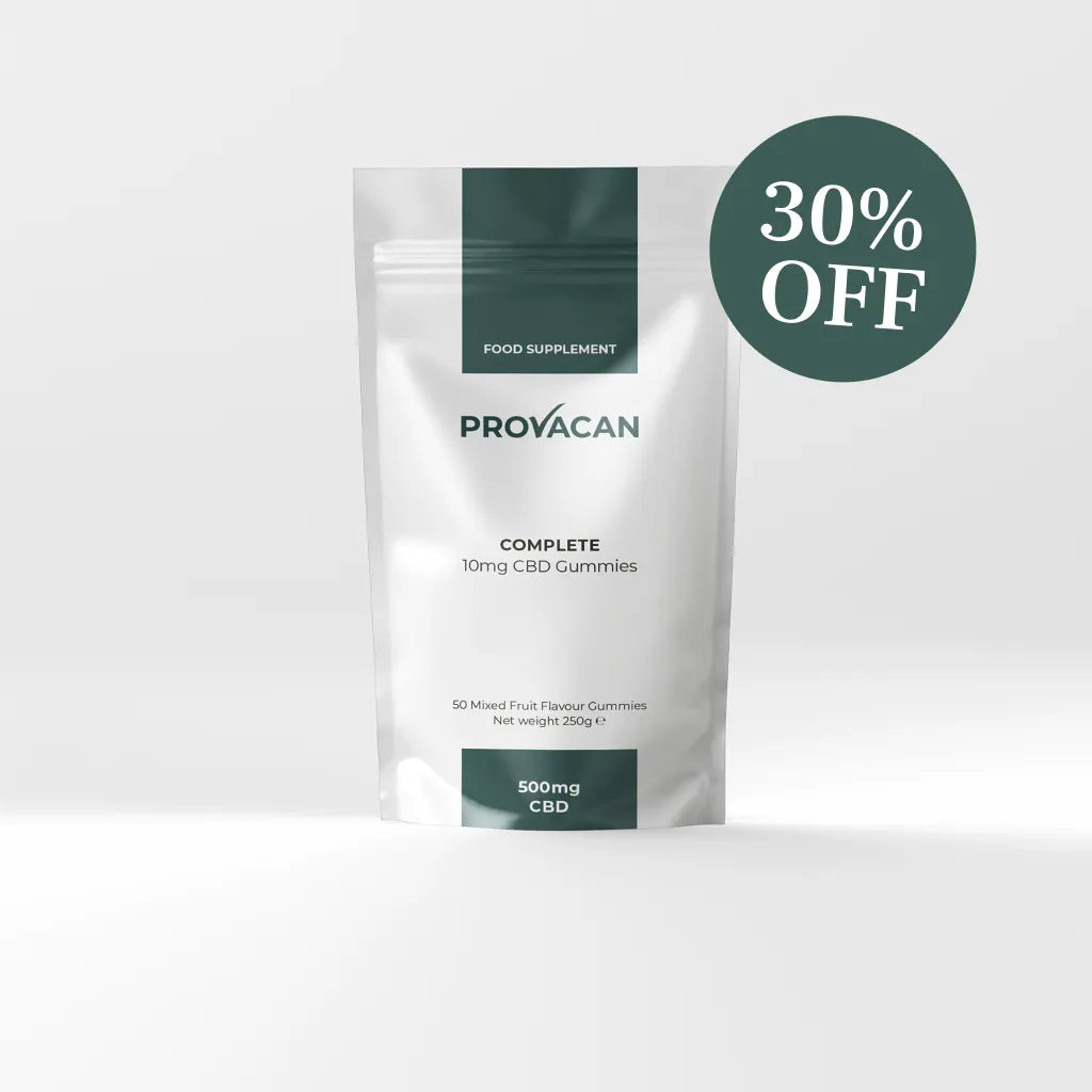 Pack of Provacan Complete CBD Gummies with a 30% OFF dark green roundel