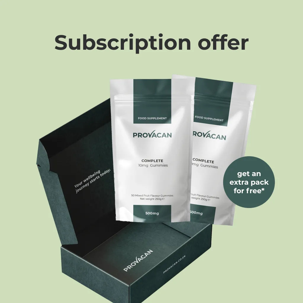 An image illustrating the Provacan subscription offer:
Provacan Delivery Box with two packs of Provacan Complete CBD Gummies 10mg coming out of it. Roundel that reads "get an extra pack for free*".