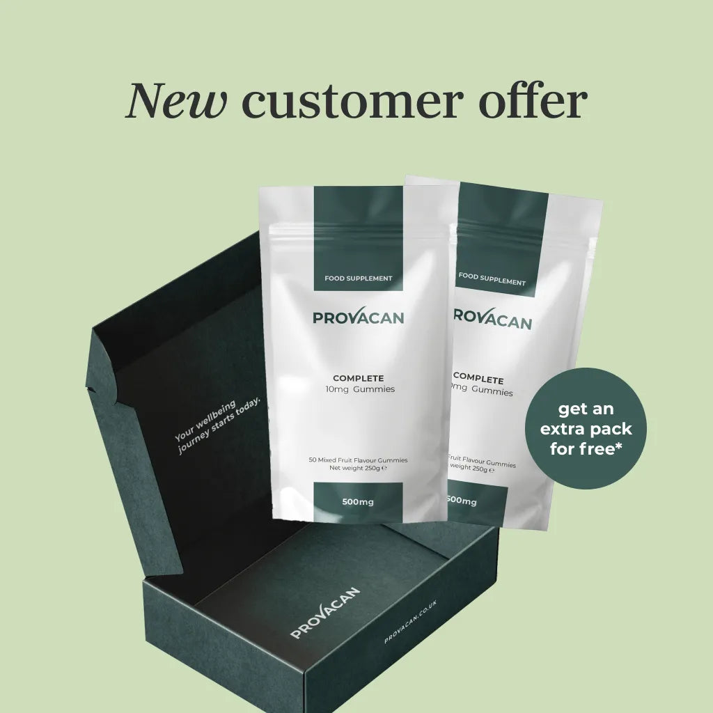 An image illustrating the Provacan new customer offer:
Provacan Delivery Box with two packs of Provacan Complete CBD Gummies 10mg coming out of it. Roundel that reads "get an extra pack for free*".