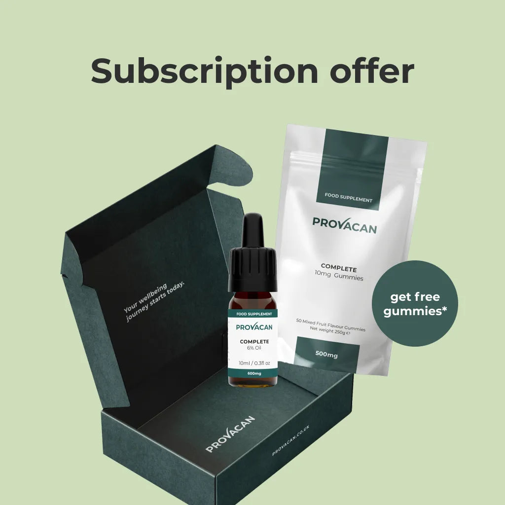 An image illustrating the Provacan subscription offer:
Provacan Delivery Box with Provacan Complete 6% CBD Oil and Provacan Complete CBD Gummies coming out of it. Roundel that reads "get free gummies*".