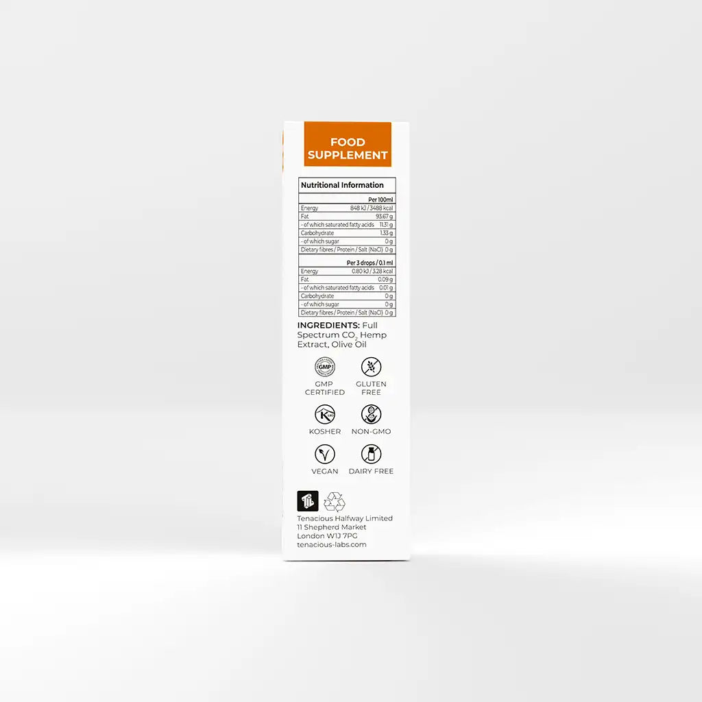 Back of Bottle of Provacan Advanced 12% CBD Oil box with nutritional information, ingredients and certifications. 

Ingredients: Full Spectrum CO2 Hemp Extract, Olive Oil

Certifications:
GMP Certified
Gluten Free
Kosher
Non-GMO
Vegan
Dairy-Free 