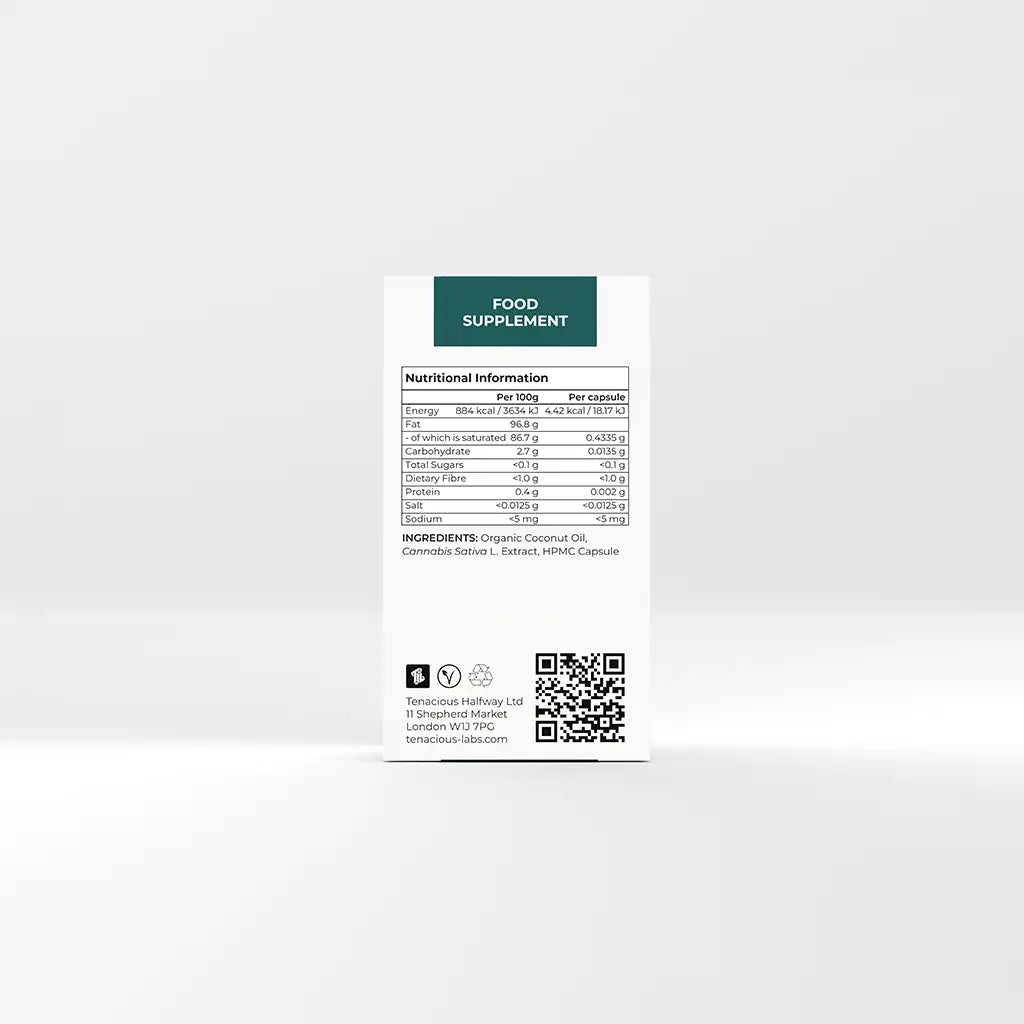 Back of Provacan Complete 24mg CBD Capsules box with nutritional information and ingredients. 

Ingredients: Organic Coconut Oil, Cannabis Sativa L. Extract, HPMC Capsule 