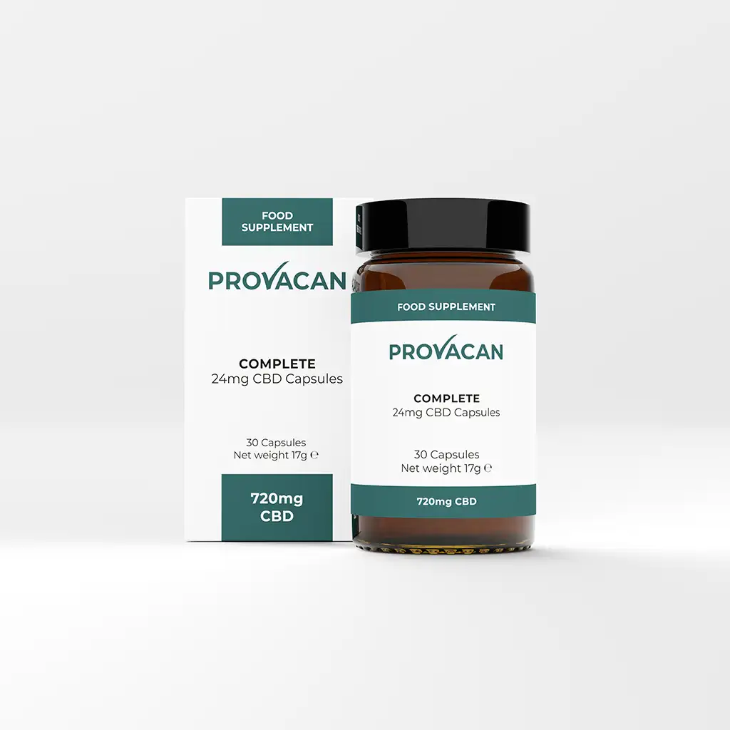 Jar of Provacan Complete 24mg CBD Capsules with box 