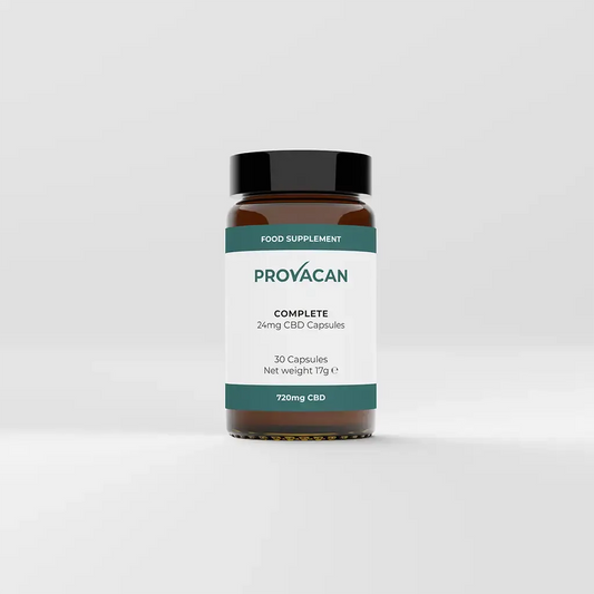 A jar of Provacan Complete 24mg CBD Capsules

30 Capsules, Net weight 17g, 720mg CBD 