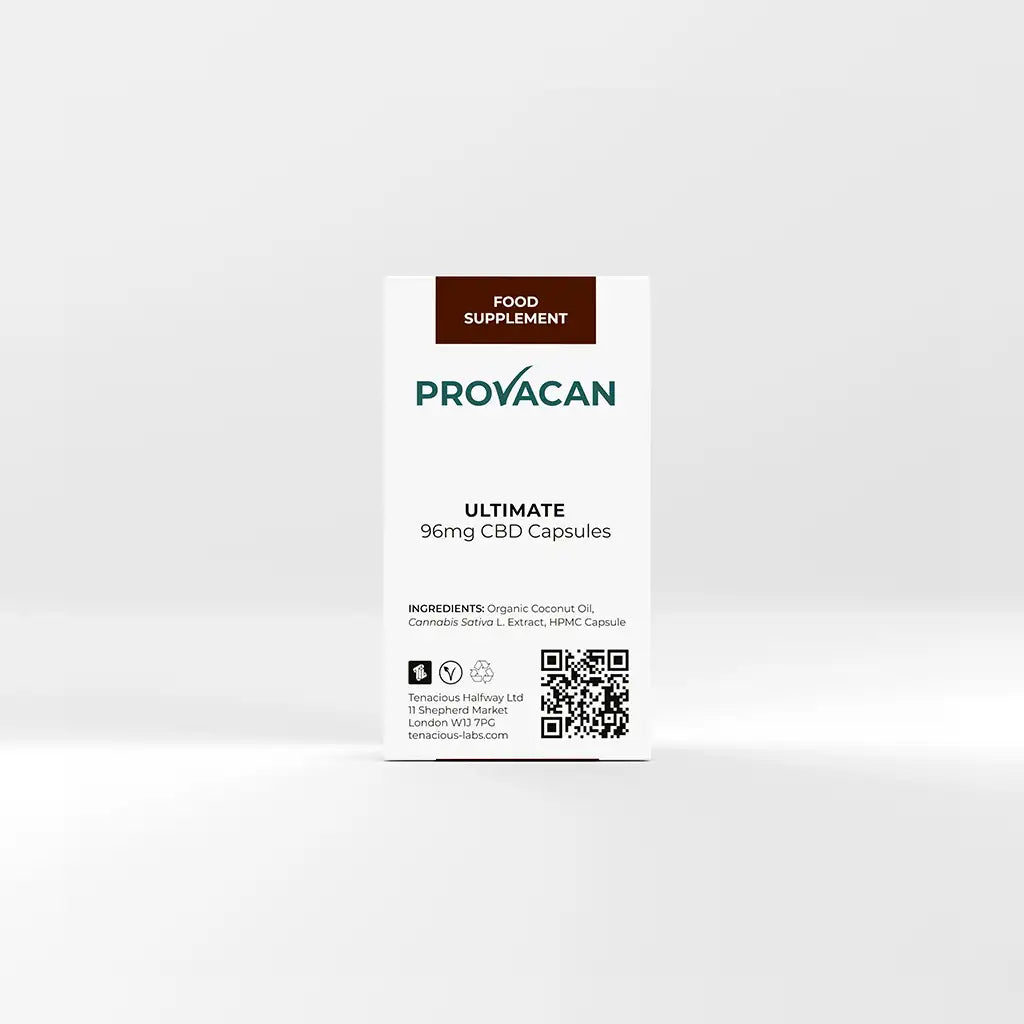 Back of Provacan Complete 24mg CBD Capsules box with nutritional information and ingredients. 

Ingredients: Organic Coconut Oil, Cannabis Sativa L. Extract, HPMC Capsule 