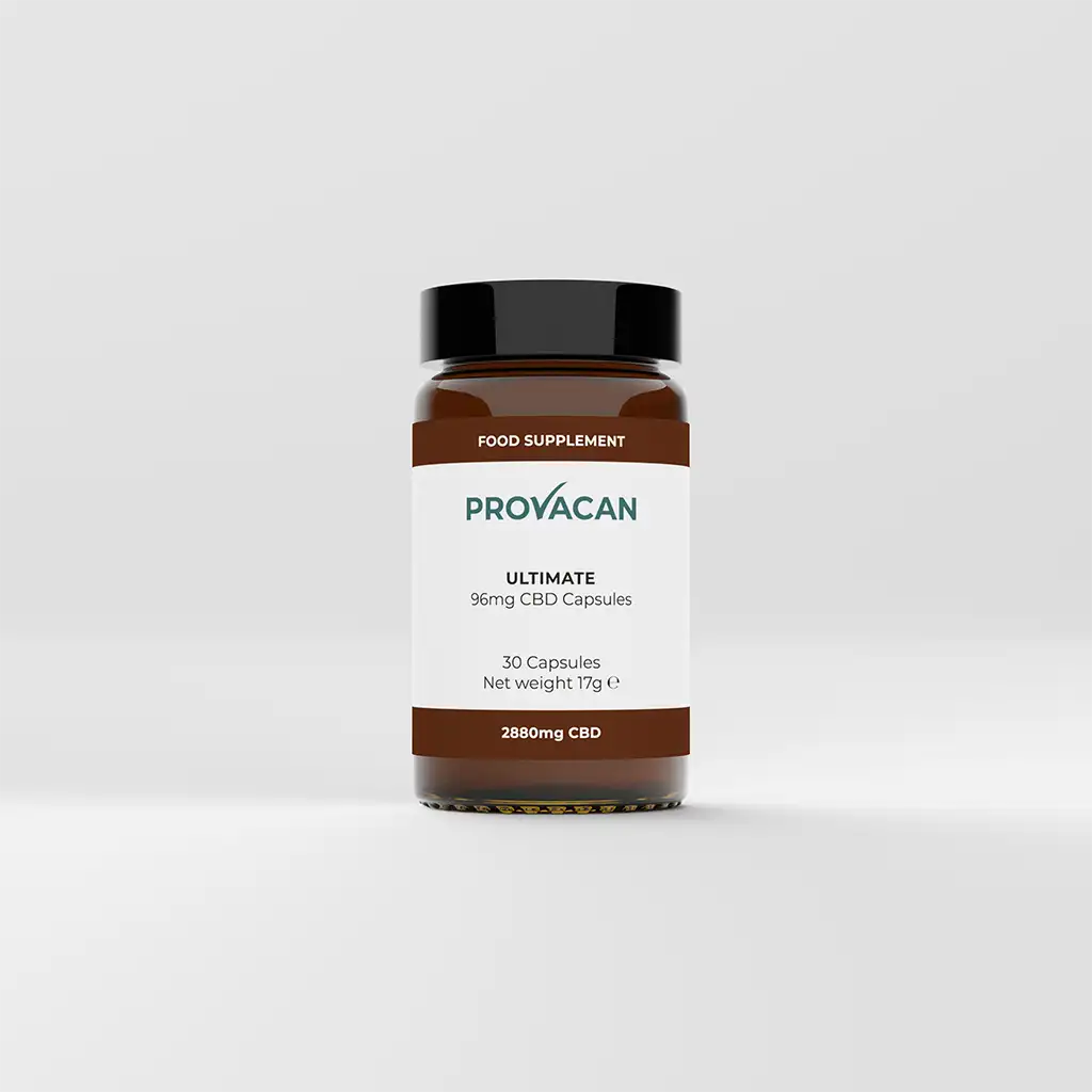 A jar of Provacan Ultimate 96mg CBD Capsules

30 Capsules, Net weight 17g, 2880mg CBD 