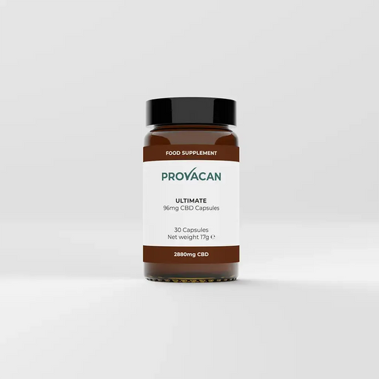 A jar of Provacan Ultimate 96mg CBD Capsules

30 Capsules, Net weight 17g, 2880mg CBD 