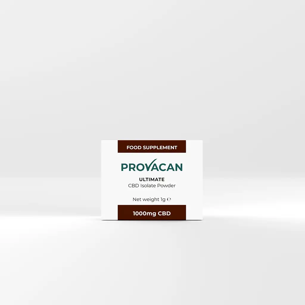 The front of Provacan Ultimate CBD Isolated Powder box. Net weight 1g. 1000mg CBD. 