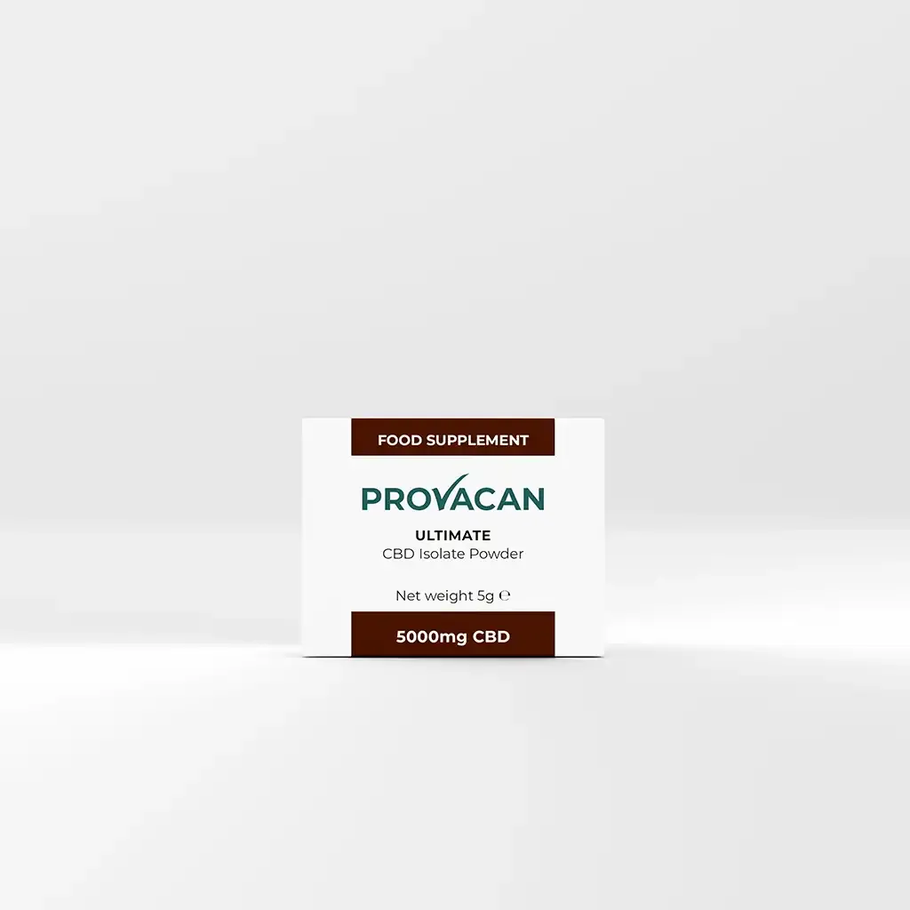 The front of Provacan Ultimate CBD Isolated Powder box. Net weight 5g. 5000mg CBD. 