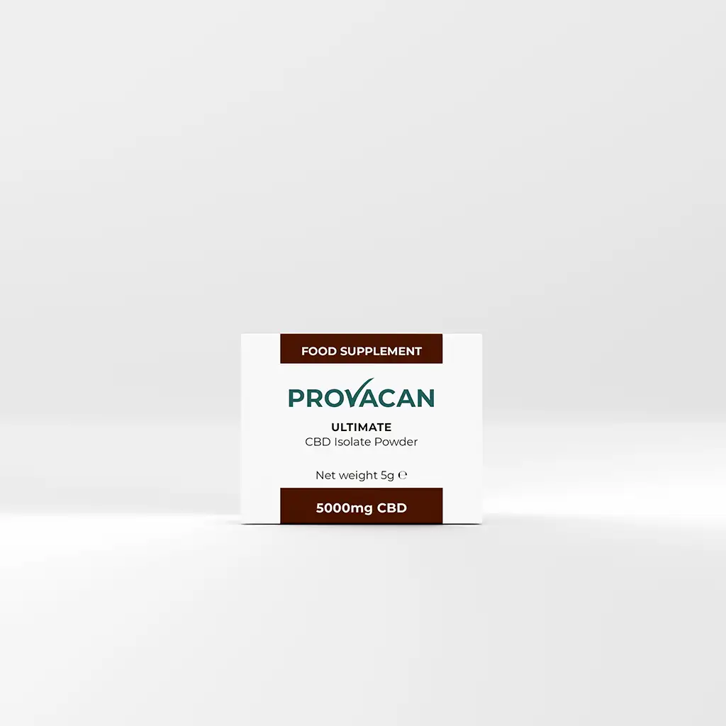 The front of Provacan Ultimate CBD Isolated Powder box. Net weight 5g. 5000mg CBD. 