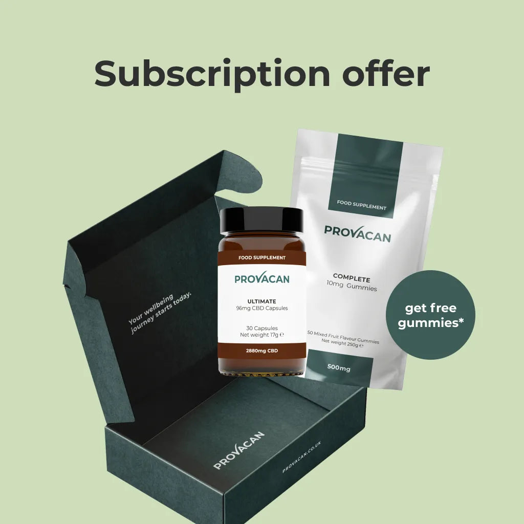 An image illustrating the Provacan subscription offer:
Provacan Delivery Box with Provacan Ultimate 96mg CBD Capsules and Provacan Complete CBD Gummies coming out of it. Roundel that reads "get free gummies*".