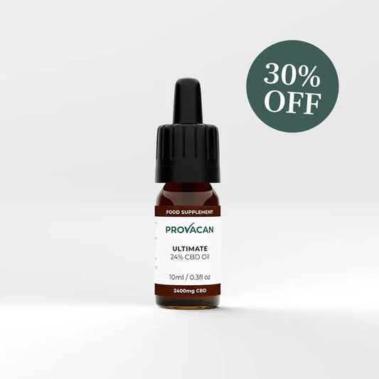 Bottle of Provacan Ultimate 24% CBD Oil with a 30% OFF dark green roundel