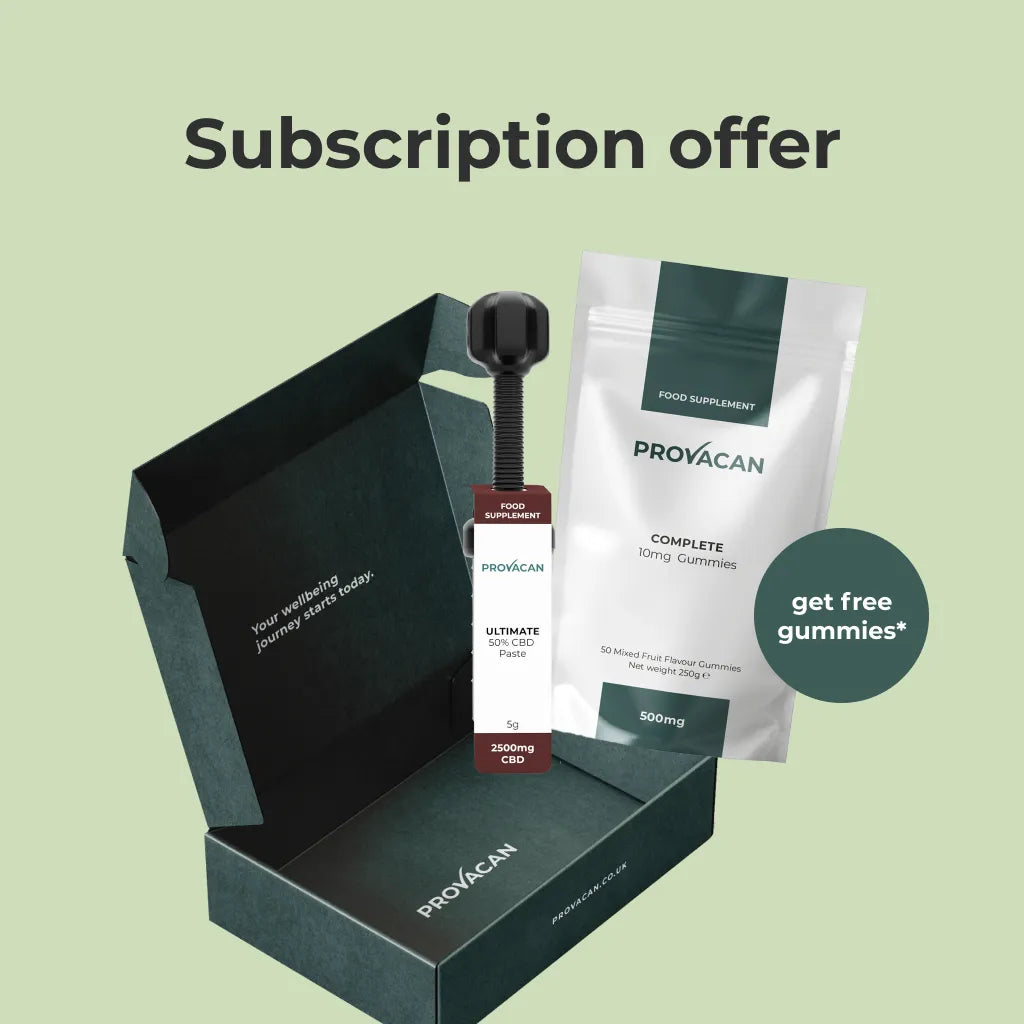 An image illustrating the Provacan subscription offer:
Provacan Delivery Box with Provacan Ultimate 50% CBD Paste and Provacan Complete CBD Gummies coming out of it. Roundel that reads "get free gummies*".